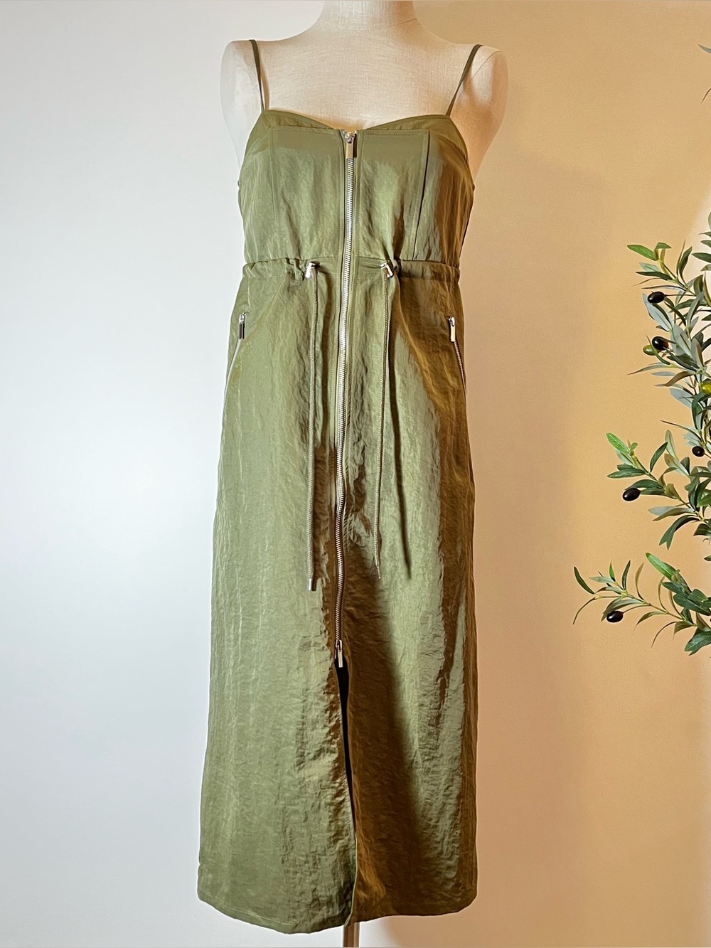 Future collective Olive Green Utility Style Zip-Front Midi Dress
